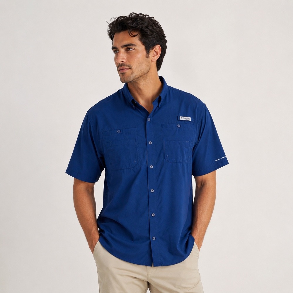 Columbia PFG Tamiami II Mens XXL Blue Short Sleeve Fishing Shirt UPF‎ 40 FM7266